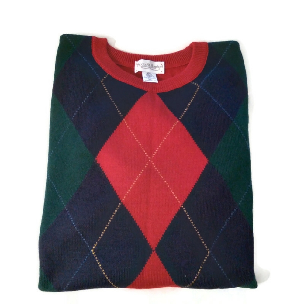 Vintage Tricots St. Raphael Mens Crewneck Argyle Long Sleeve Wool Sweater Sz XL